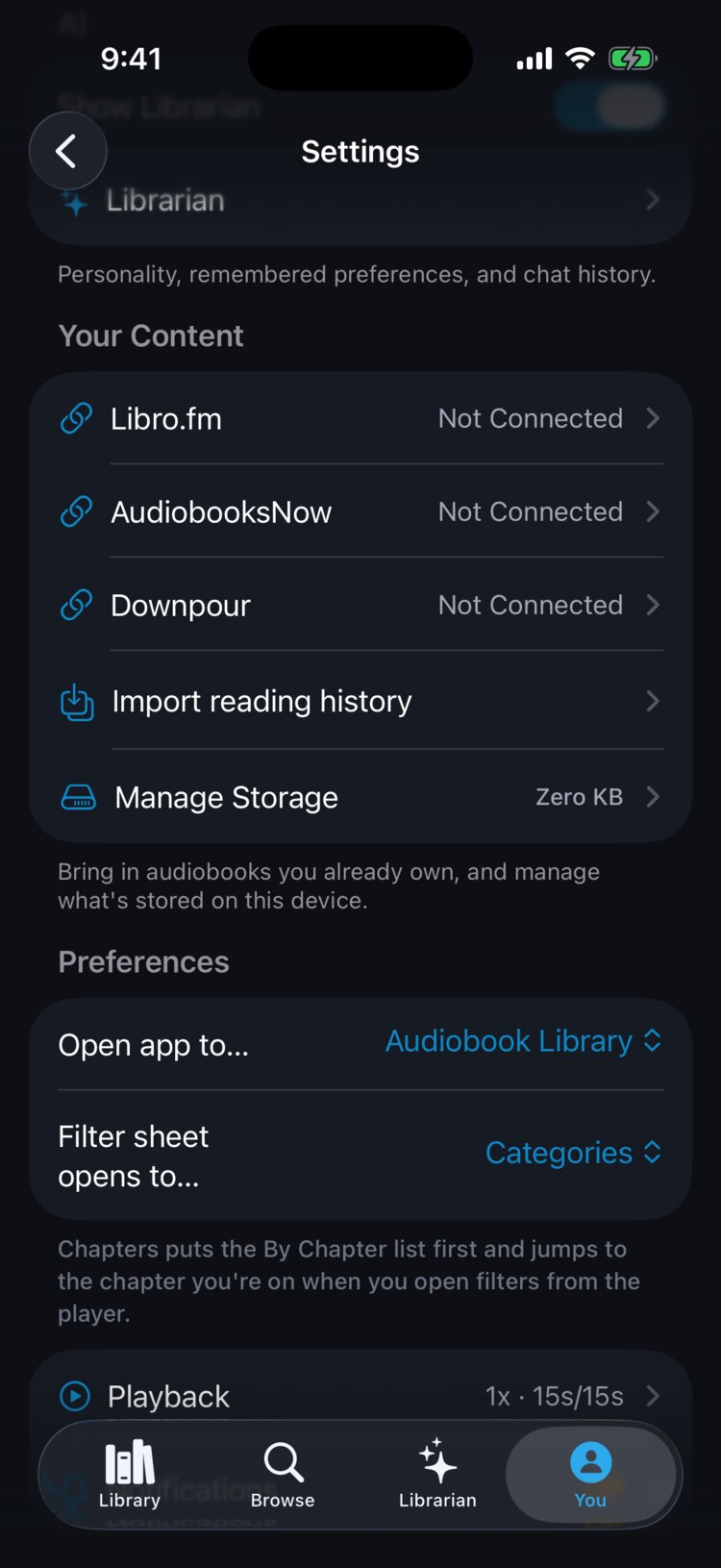 Settings screen listing Libro.fm, AudiobooksNow, and Downpour accounts you can link, plus reading history import