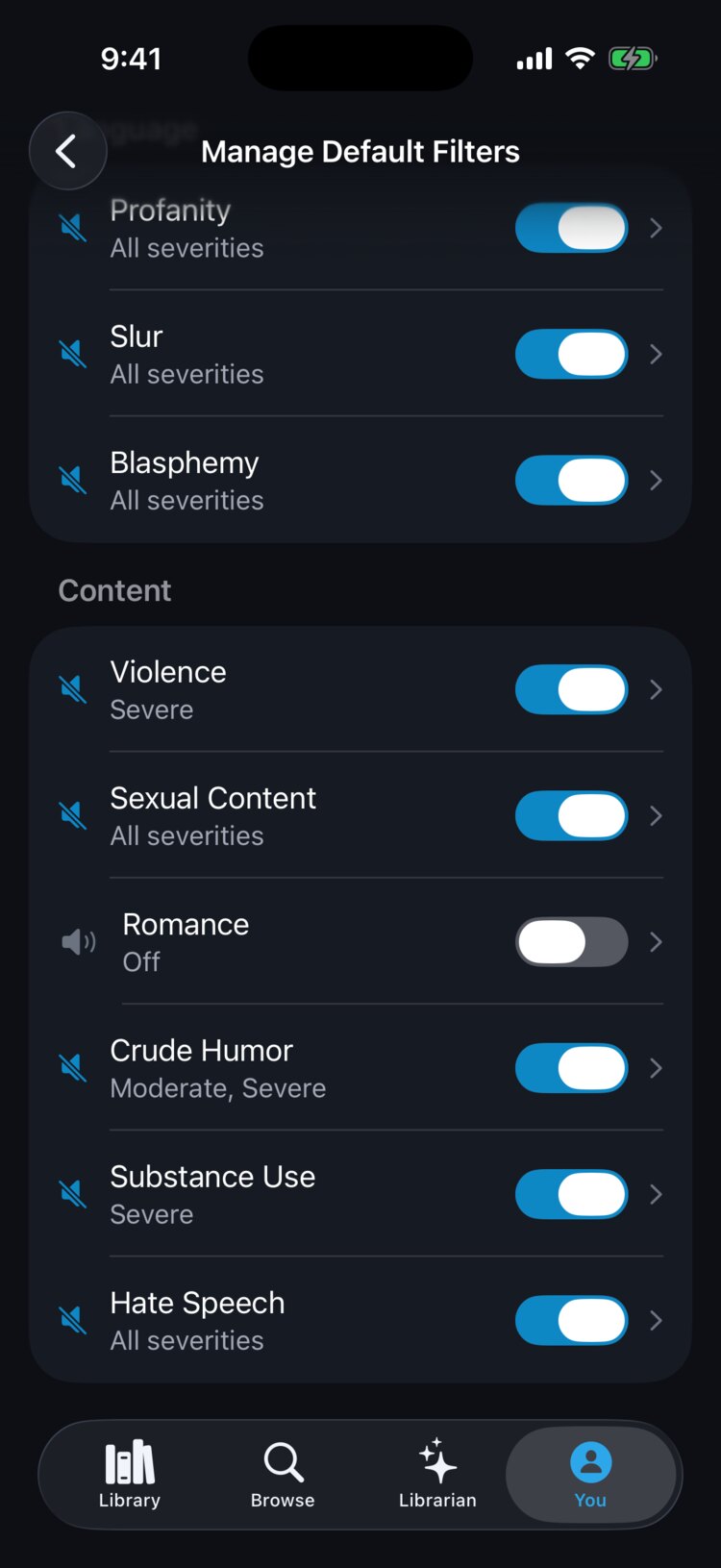 Manage Default Filters screen with all 9 categories, each with its own on/off switch and severity levels