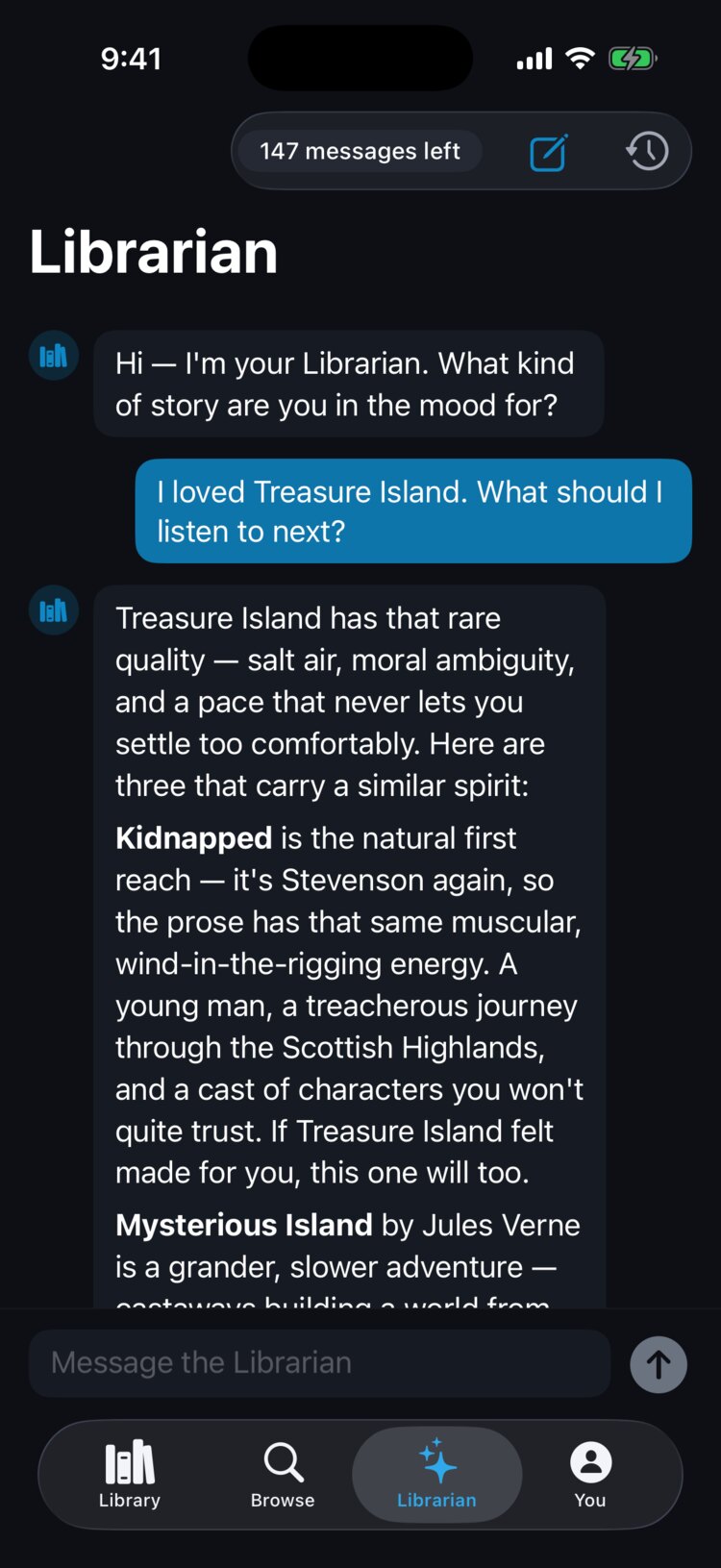 The Librarian answering I loved Treasure Island. What should I listen to next? with recommendations like Kidnapped and Mysterious Island