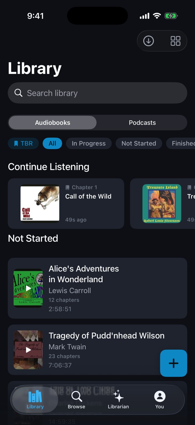 AudioHaven library with a Continue Listening row and LibriVox classics like Treasure Island and Call of the Wild