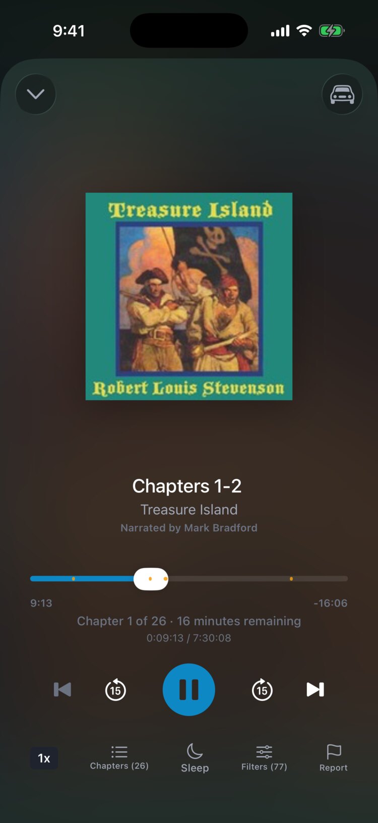 AudioHaven player playing Treasure Island, with filter markers on the progress bar and a Filters button showing 77 active filters