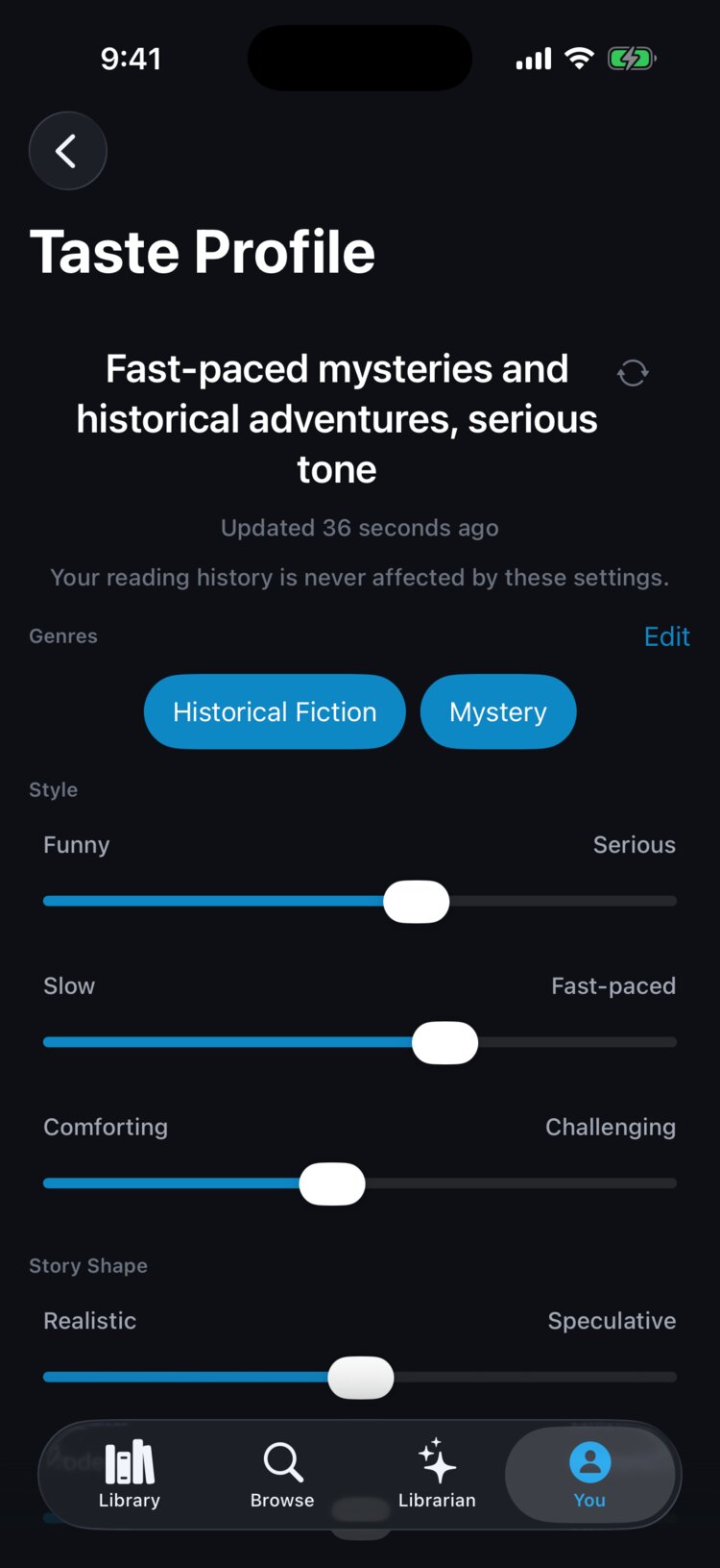 Taste Profile with the summary Fast-paced mysteries and historical adventures, genre picks, and listening-style sliders